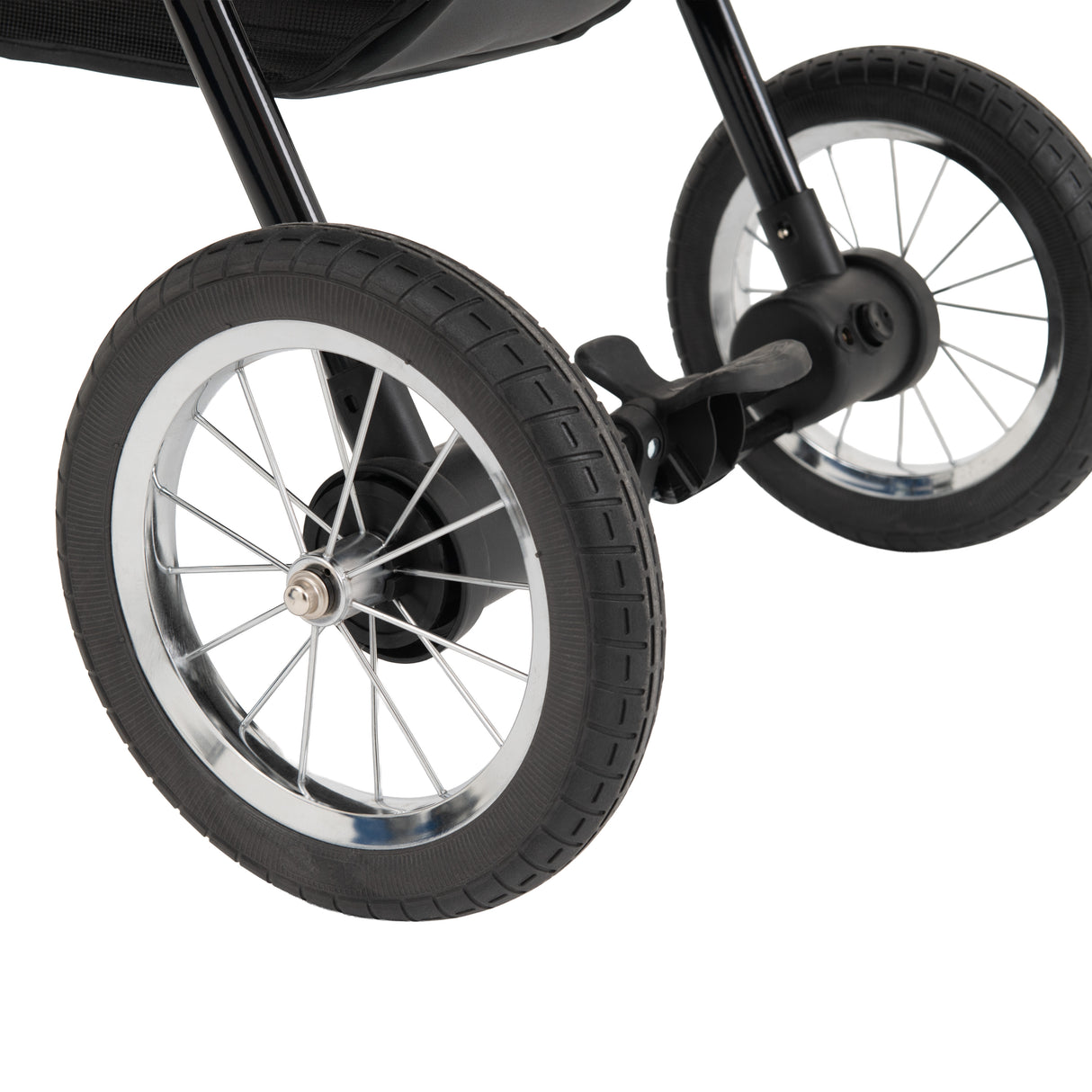 Poussette jogger pour animal de compagnie avec roues noires et chromées, cadre léger, design ergonomique et tissu gris résistant