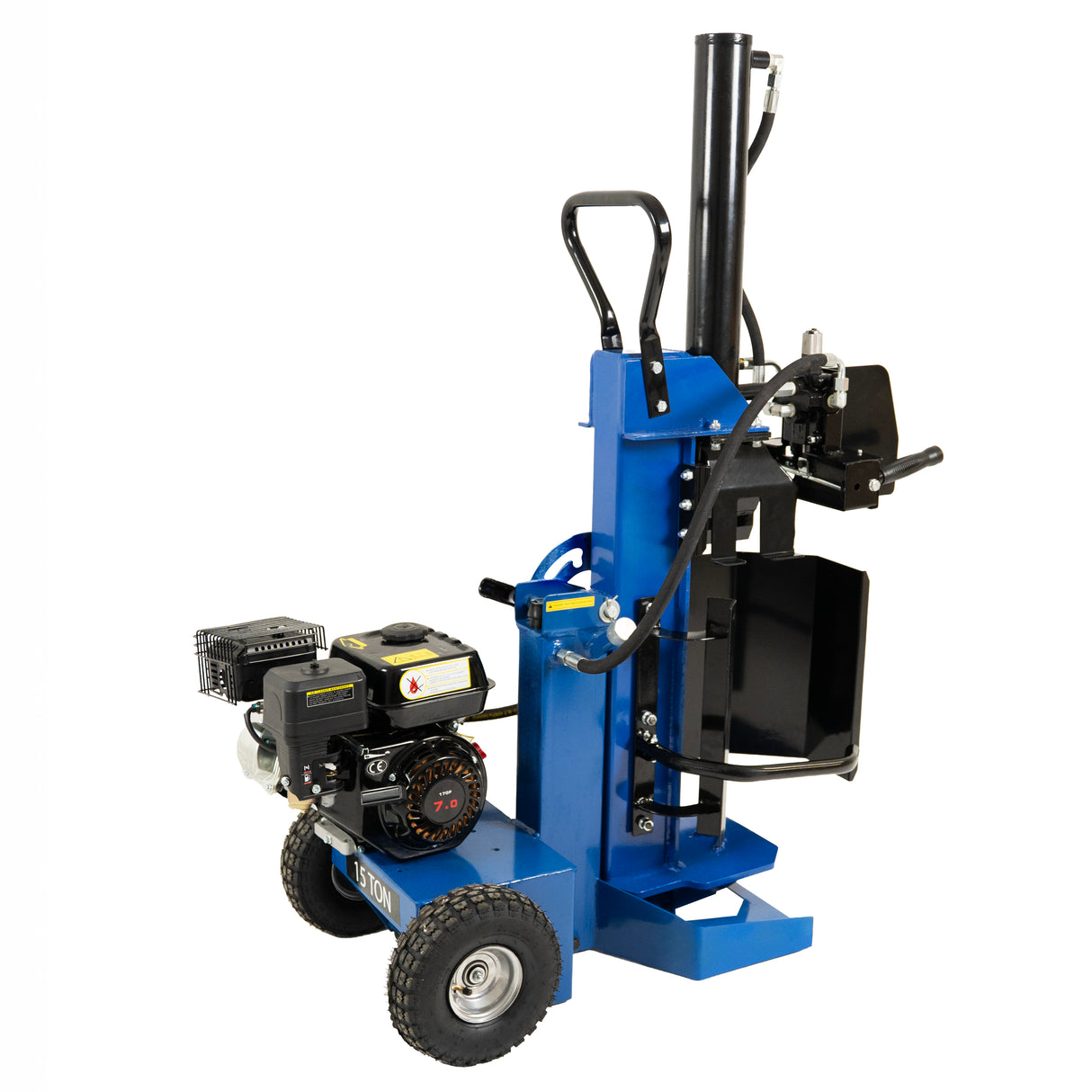 Fendeur de bûches T-Mech de 520 mm, 15 T, avec moteur puissant, roues robustes et structure en acier bleu, idéal pour le bois de chauffage