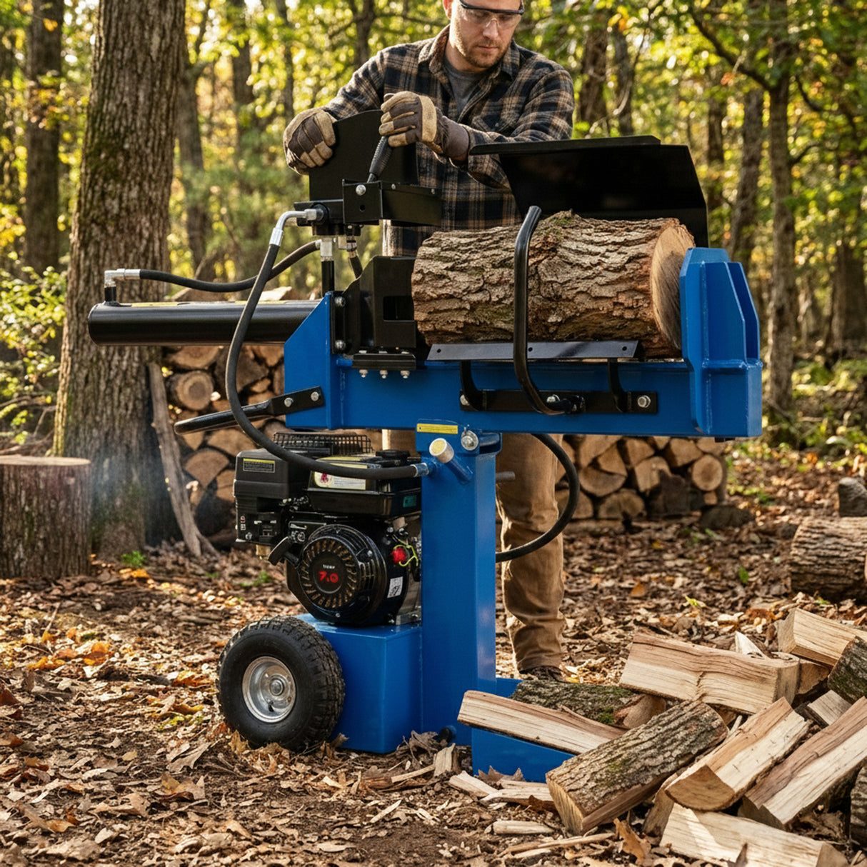 Fendeur de bûches T-Mech de 520 mm, couleur bleue, avec moteur noir, utilisé en pleine forêt, entouré de bûches coupées et de feuilles sèches
