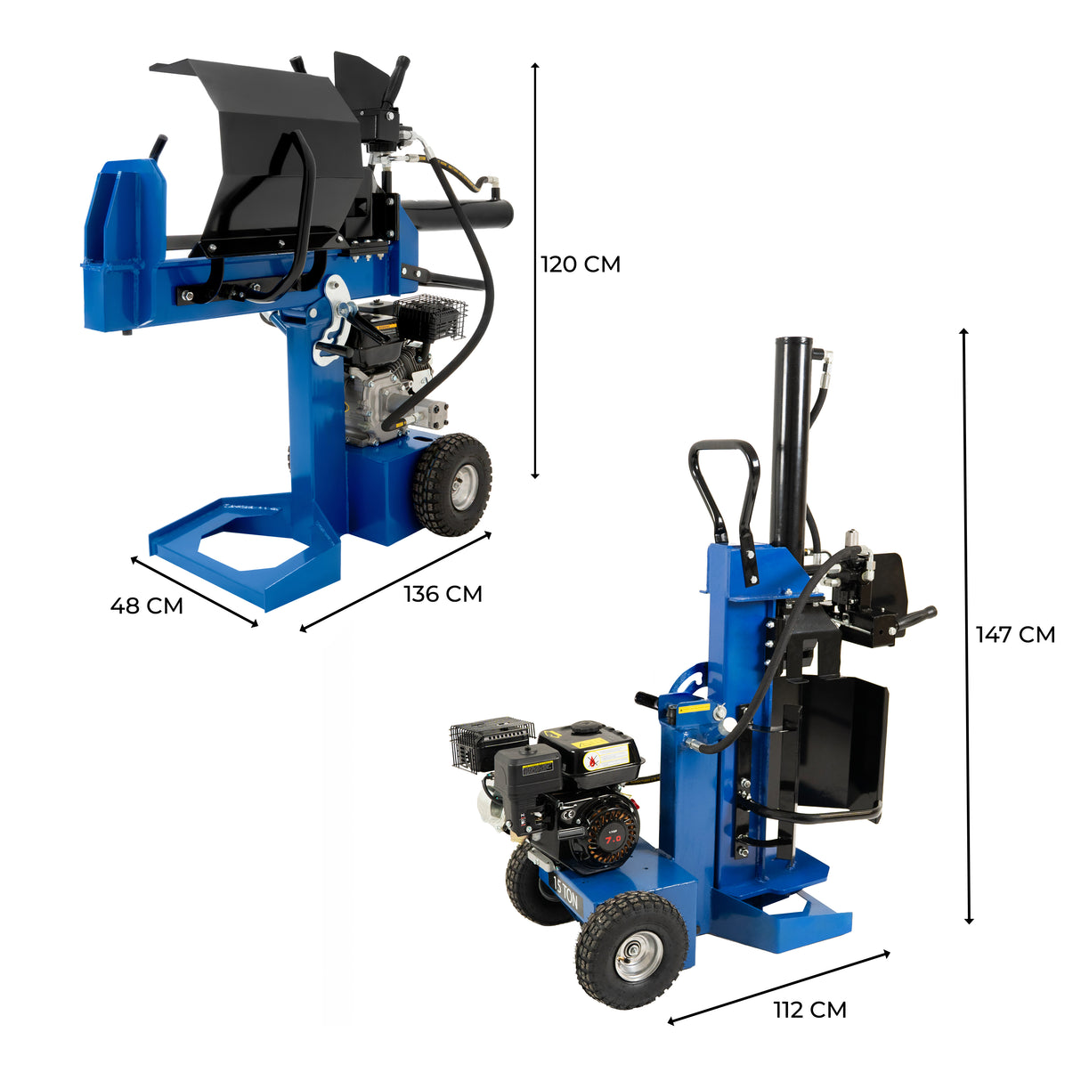 Fendeur de bûches T-Mech de 520 mm, 15 T, en métal bleu, avec roues, moteur visible, dimensions indiquées sur l'image