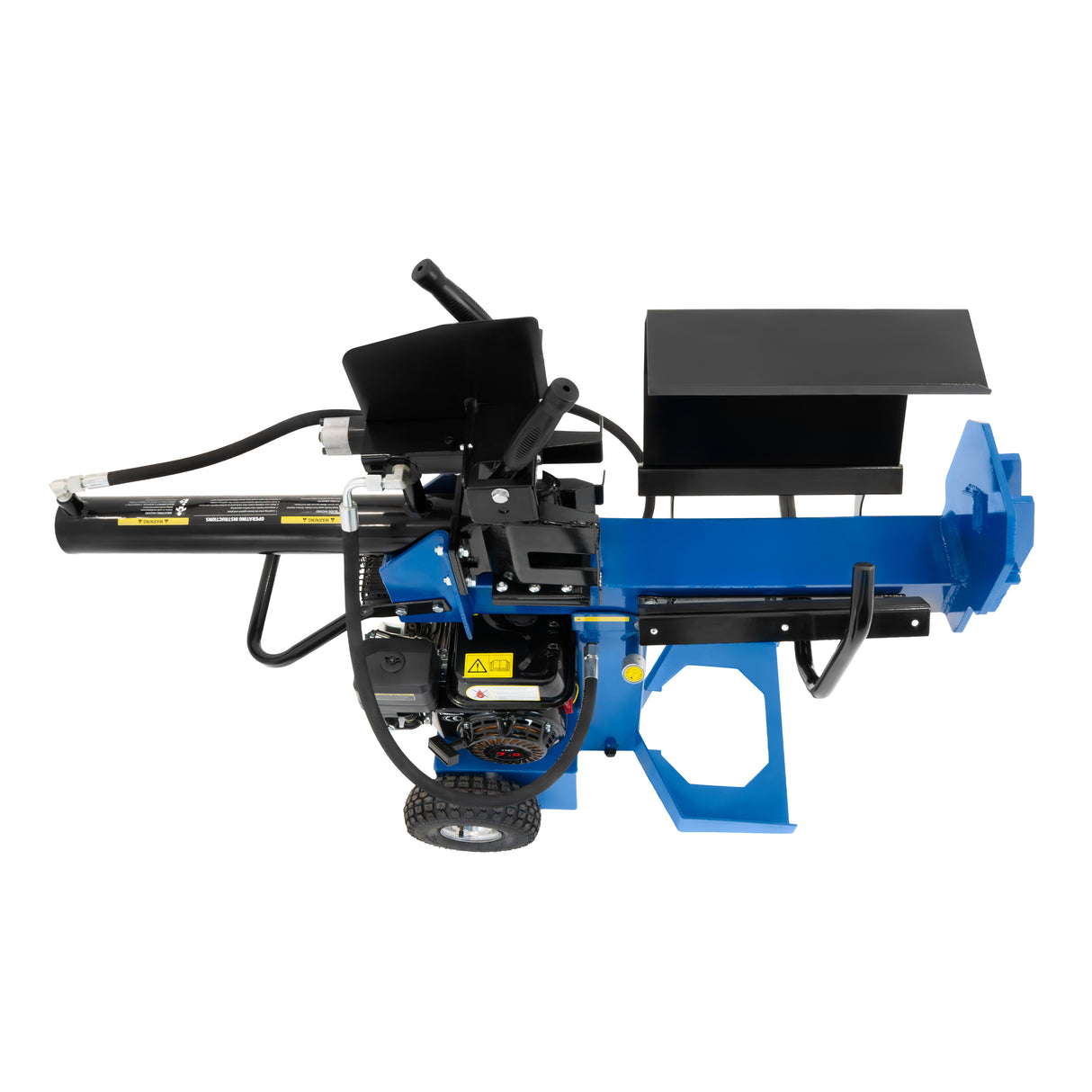 Fendeur de bûches T-Mech 520 mm, couleur bleu vif, avec un moteur puissant, roues robustes et un design compact pour un rangement facile
