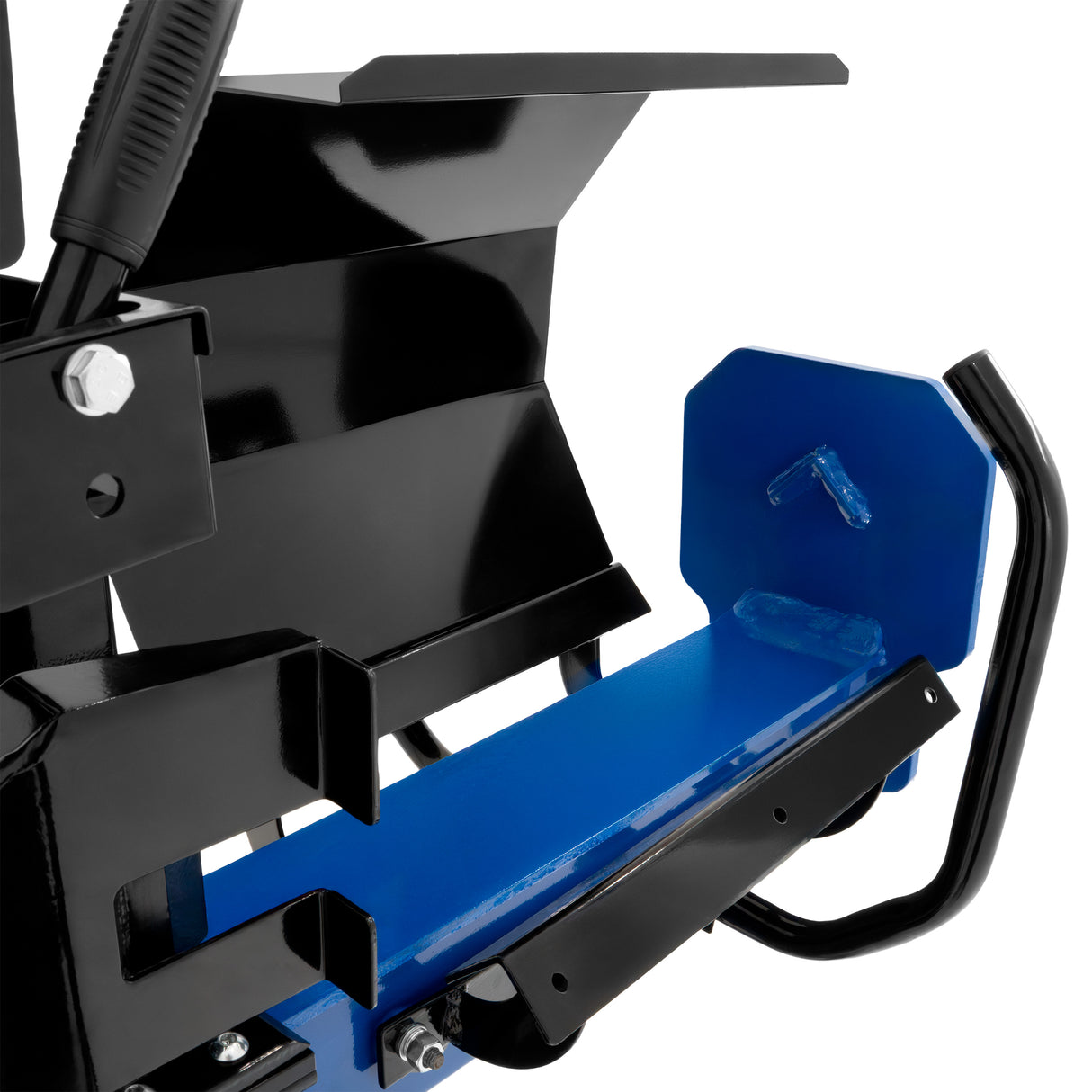 Fendeur de bûches T-Mech avec un corps noir, un plateau bleu et des détails en métal, conçu pour un fendage efficace et robuste
