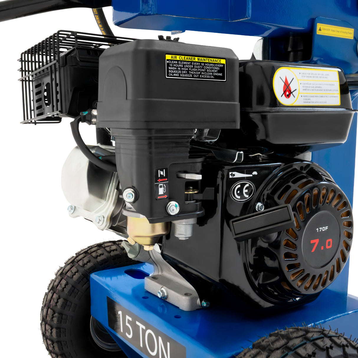 Moteur puissant de fendeur de bûches T-Mech, noir et argent, avec réservoir et roues robustes, conçu pour une performance efficace
