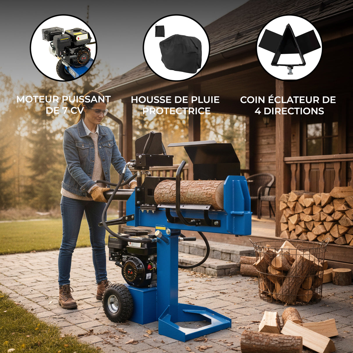 Fendeur de bûches T-Mech de 520 mm avec moteur puissant, housse de pluie, et coin éclateur à quatre directions, couleur bleue et noire