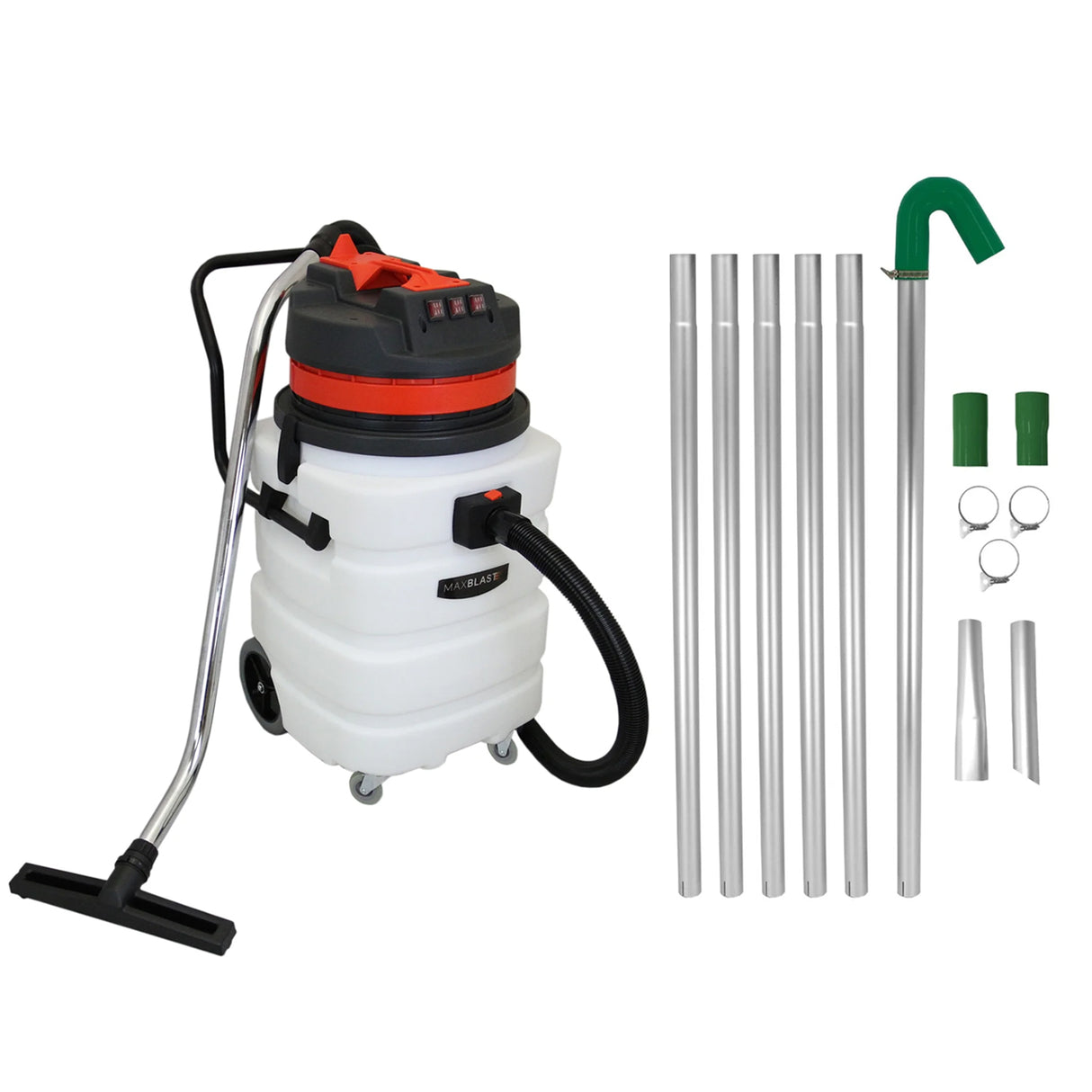 Aspirateur industriel blanc de 90 L avec accessoires en aluminium, tuyau noir, et perche verte pour gouttières de 7,2 m