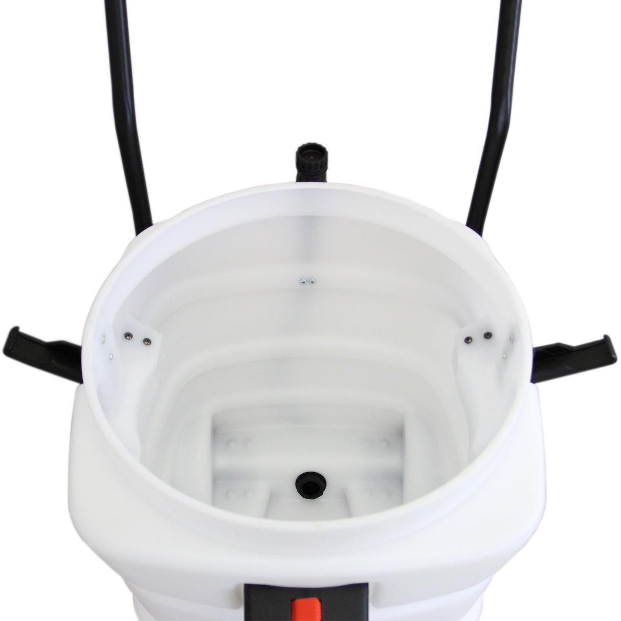 Aspirateur industriel blanc de 90 L avec poignées noires, conçu pour un nettoyage efficace des gouttières et des espaces difficiles d'accès