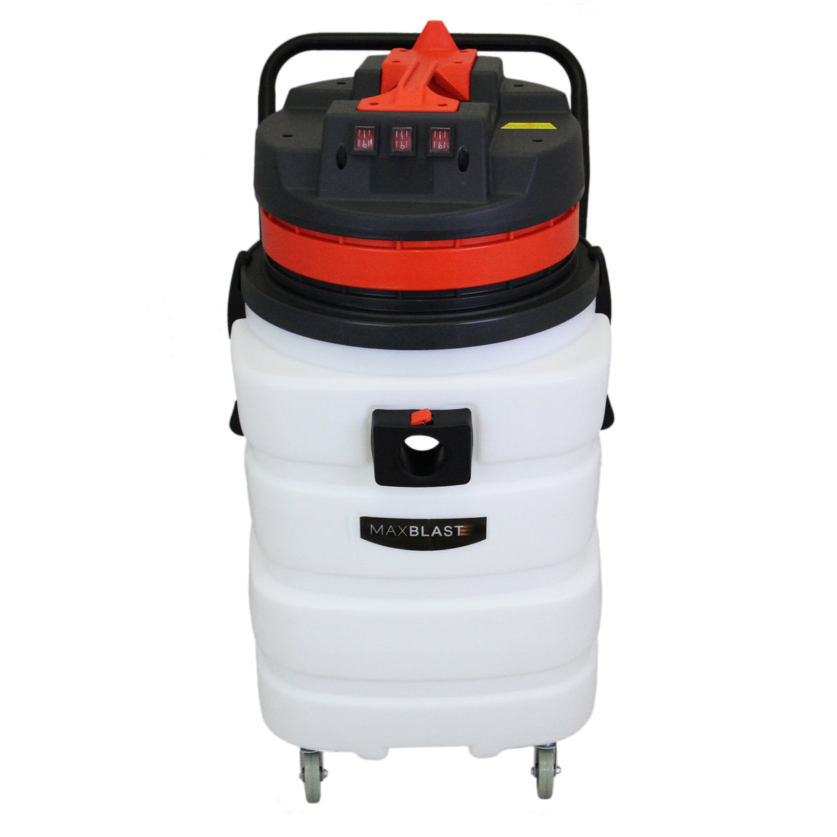 Aspirateur industriel MAXBLAST de 90 L, réservoir blanc, couvercle noir et rouge, roulettes pour mobilité, conçu pour un usage intensif