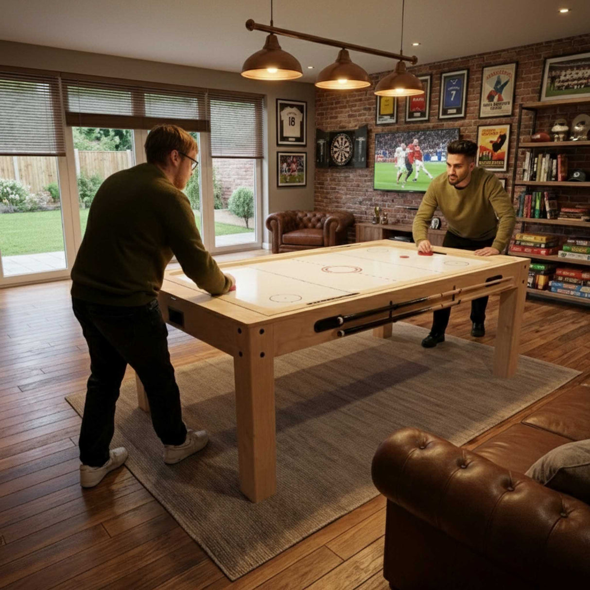 Table multi jeux 7 en 1 en chêne clair, avec banc de rangement, deux hommes jouant, ambiance chaleureuse et moderne dans un salon spacieux