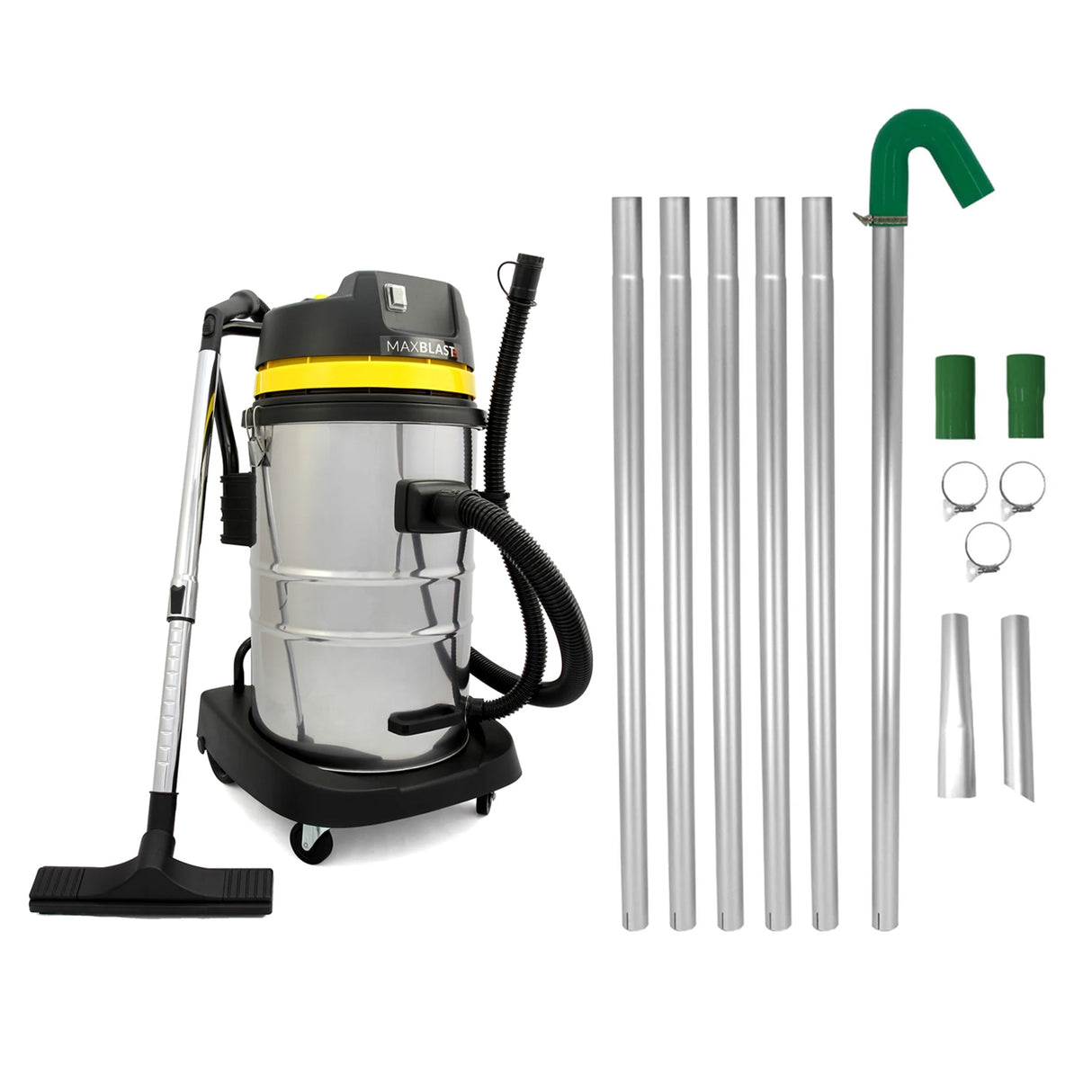 Aspirateur industriel MAXBLAST de 50 L en acier inoxydable avec accessoires en aluminium, y compris des tubes et une perche pour gouttières de 7,2 m