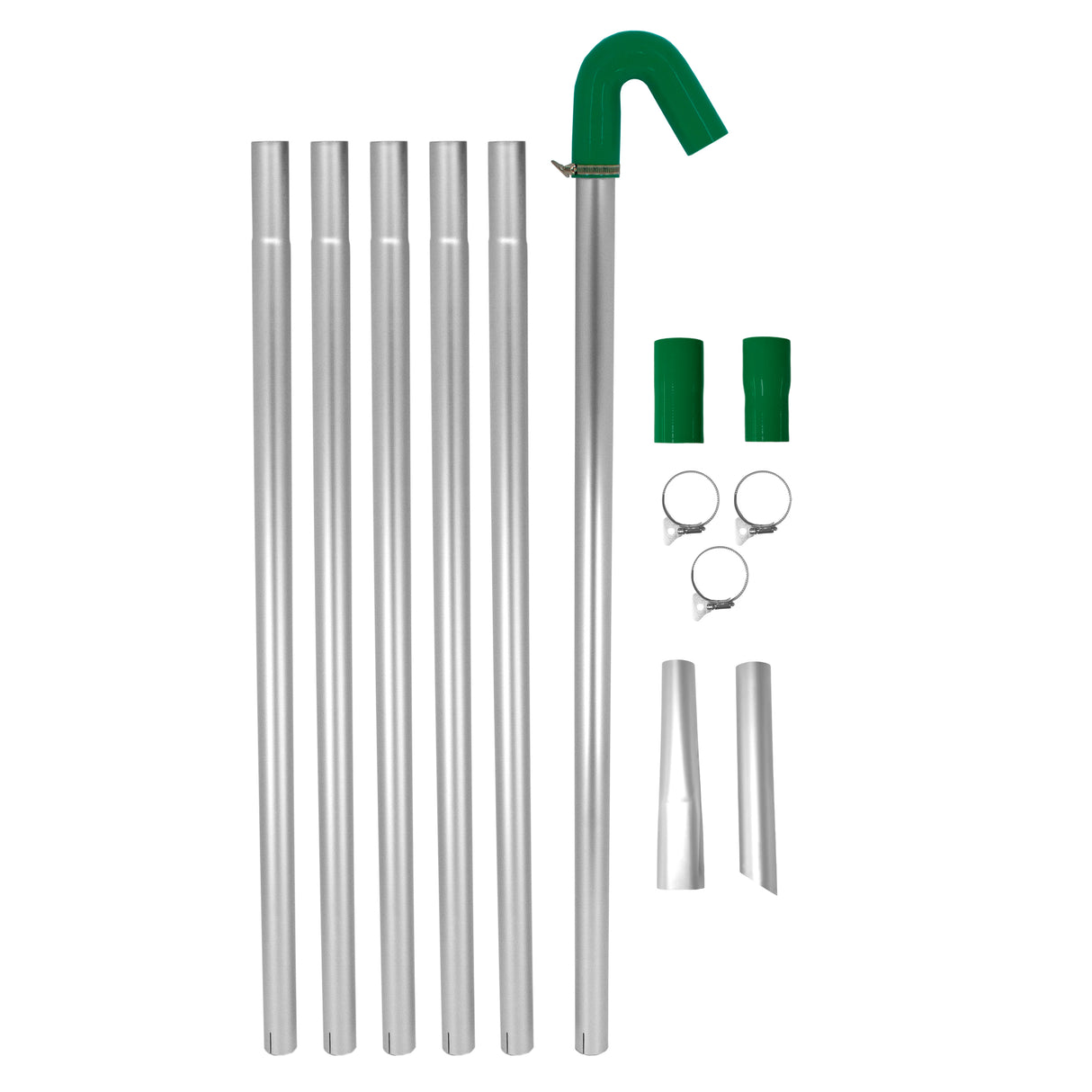 Lot de cinq tubes en aluminium argenté avec embouts verts pour aspirateur industriel, conçu pour nettoyer les gouttières efficacement