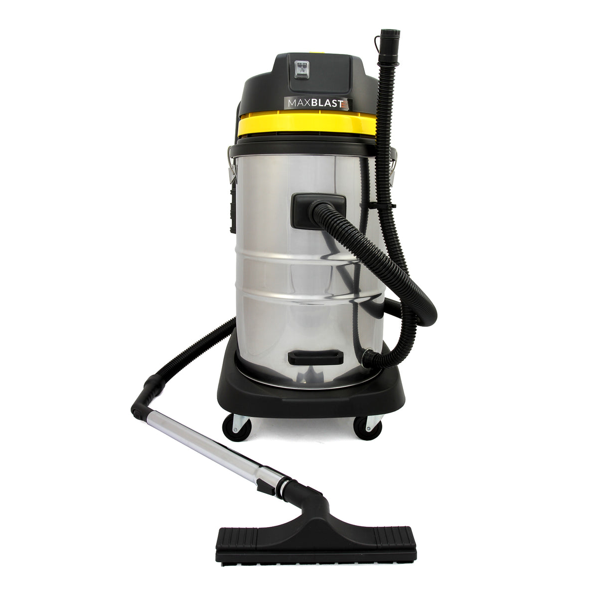 Aspirateur industriel MAXBLAST de 50 L en acier inoxydable avec tuyau noir et accessoires, conçu pour un nettoyage efficace et durable
