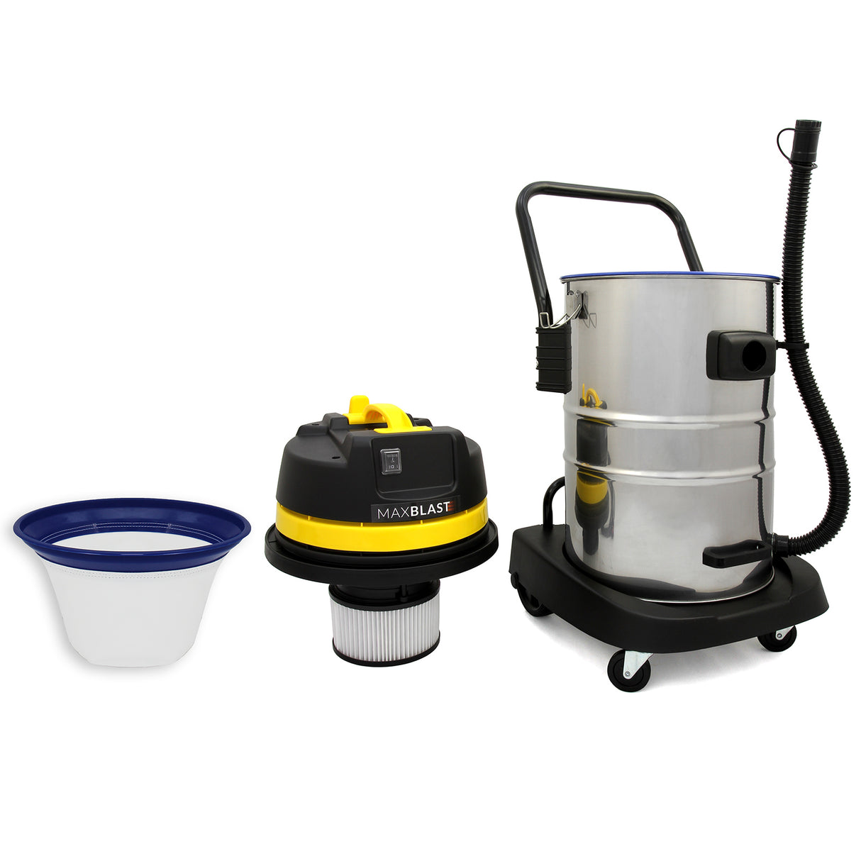 Aspirateur industriel MAXBLAST de 50 L en acier inoxydable, avec un réservoir transparent et une perche pour gouttières de 7,2 m