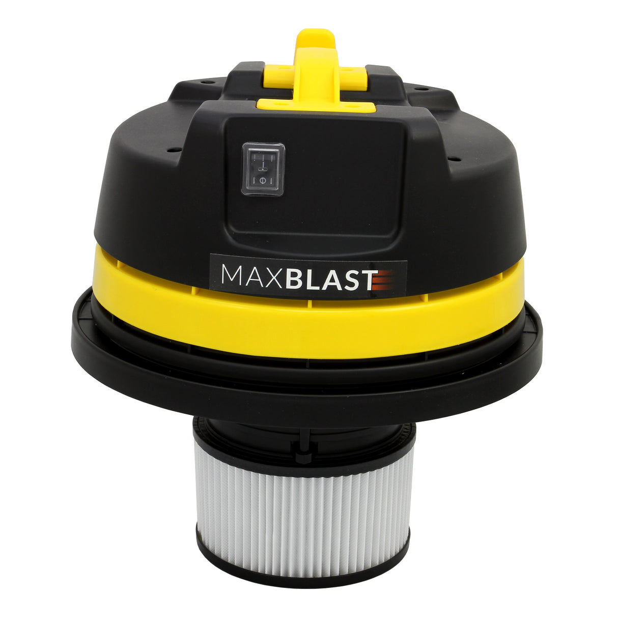 Aspirateur industriel MAXBLAST de 50 L avec un design noir et jaune, équipé d'un filtre blanc et d'un bouton de contrôle sur le dessus