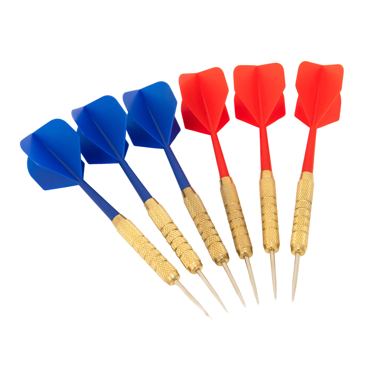Ensemble de fléchettes avec trois fléchettes rouges et trois bleues, pointes en métal, poignées dorées texturées pour une meilleure prise