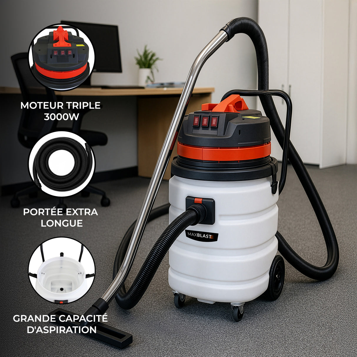 MAXBLAST Lot de Aspirateur Industriel de 90 L, Tuyau de 5 m & Accessoires