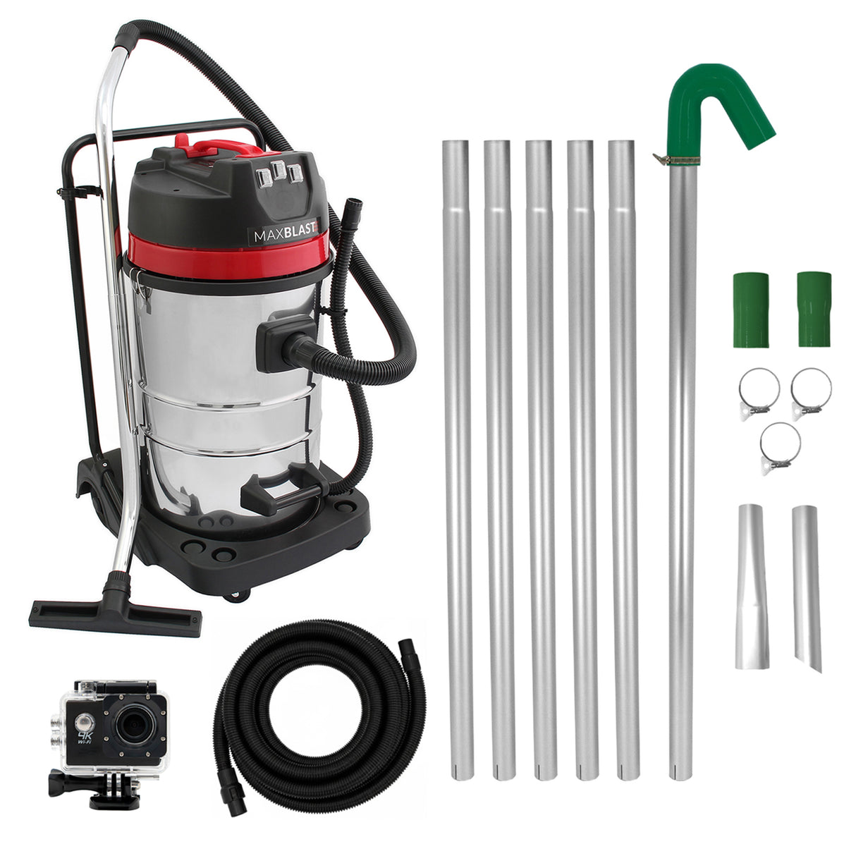 MAXBLAST Lot de Aspirateur Industriel 80 L, Perche Pour Gouttières, Caméra d'Inspection & Tuyau de 5 m