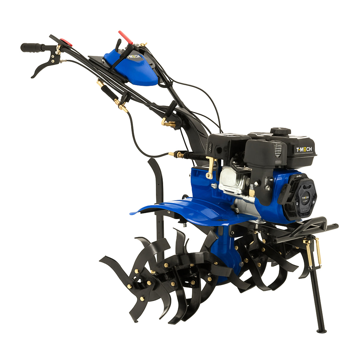Motobineuse à essence 7,5 CV avec un châssis bleu vif, des lames noires en acier et un moteur puissant, idéale pour le jardinage