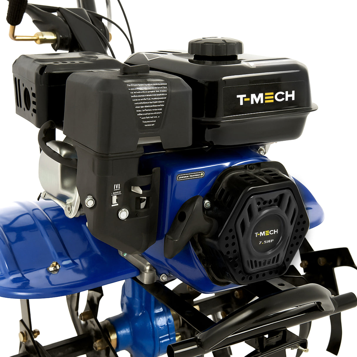 Motobineuse à essence T-MECH 7,5 CV avec moteur noir, châssis bleu, et détails en métal, idéale pour le jardinage et l'entretien des sols