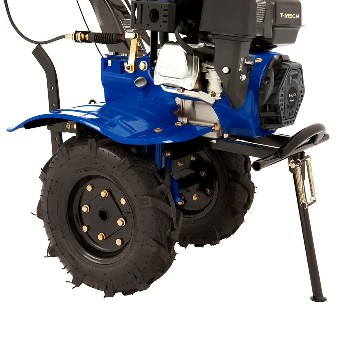 Motobineuse à essence 7,5 CV avec roues robustes, châssis bleu vif et moteur puissant, idéale pour le jardinage et le labourage