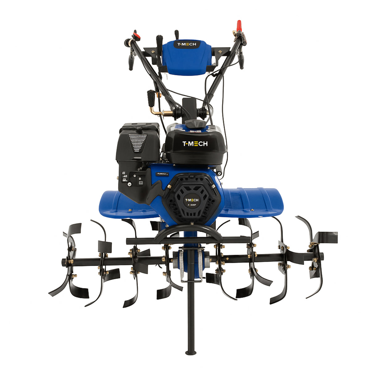 Motobineuse à essence 7,5 CV avec un moteur noir, châssis bleu et lames en métal, idéale pour le jardinage et le labourage