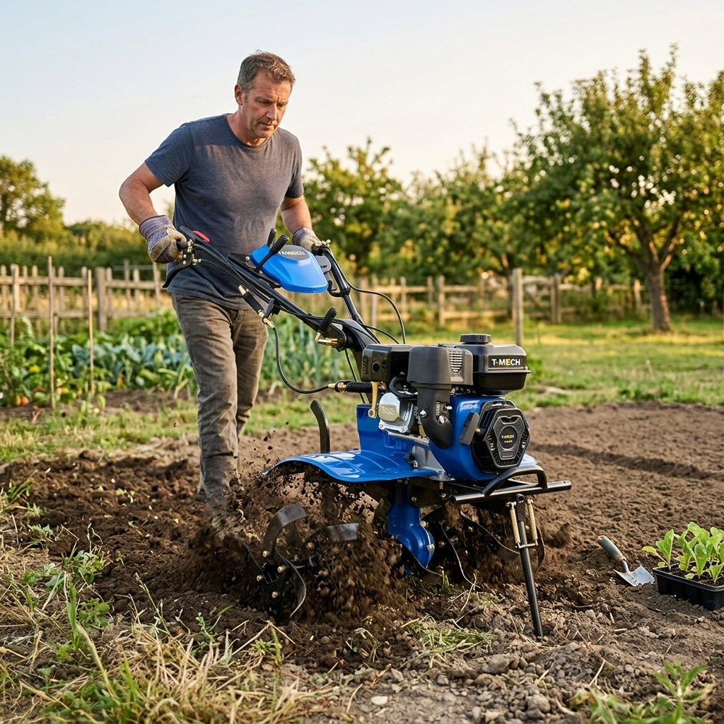 Motobineuse à essence 7,5 CV, couleur bleue, utilisée par un homme dans un jardin, labourant la terre avec efficacité et précision