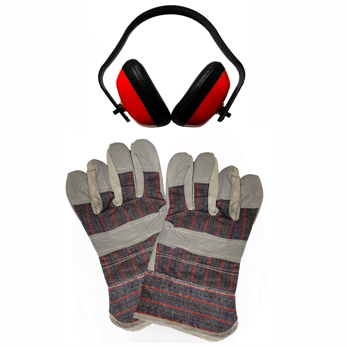 Gants de jardinage en cuir gris avec rayures rouges et casque antibruit rouge et noir, parfaits pour travailler en extérieur
