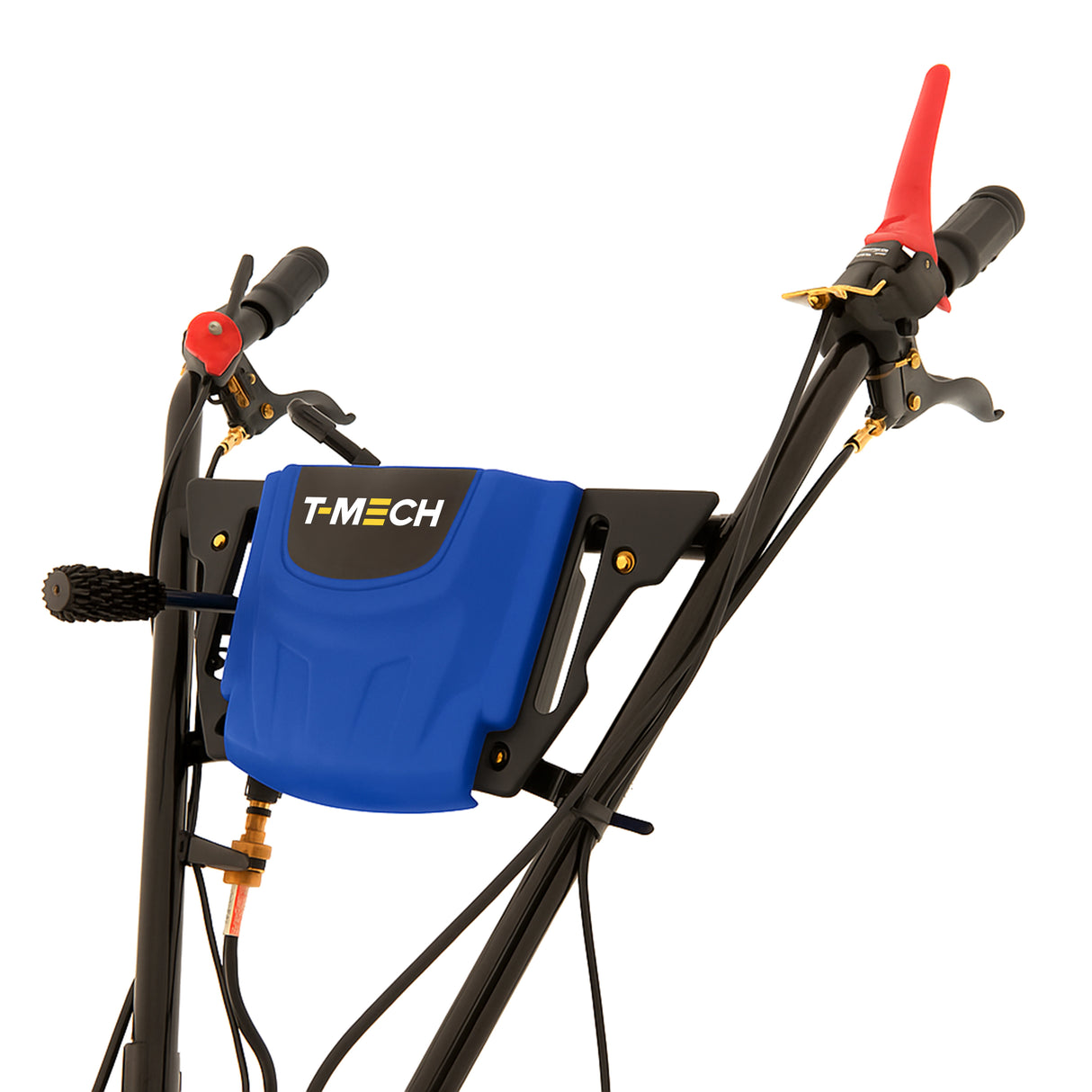 Motobineuse à essence T-MECH avec moteur puissant de 7,5 CV, finition noire et bleue, poignées ergonomiques et commandes intuitives