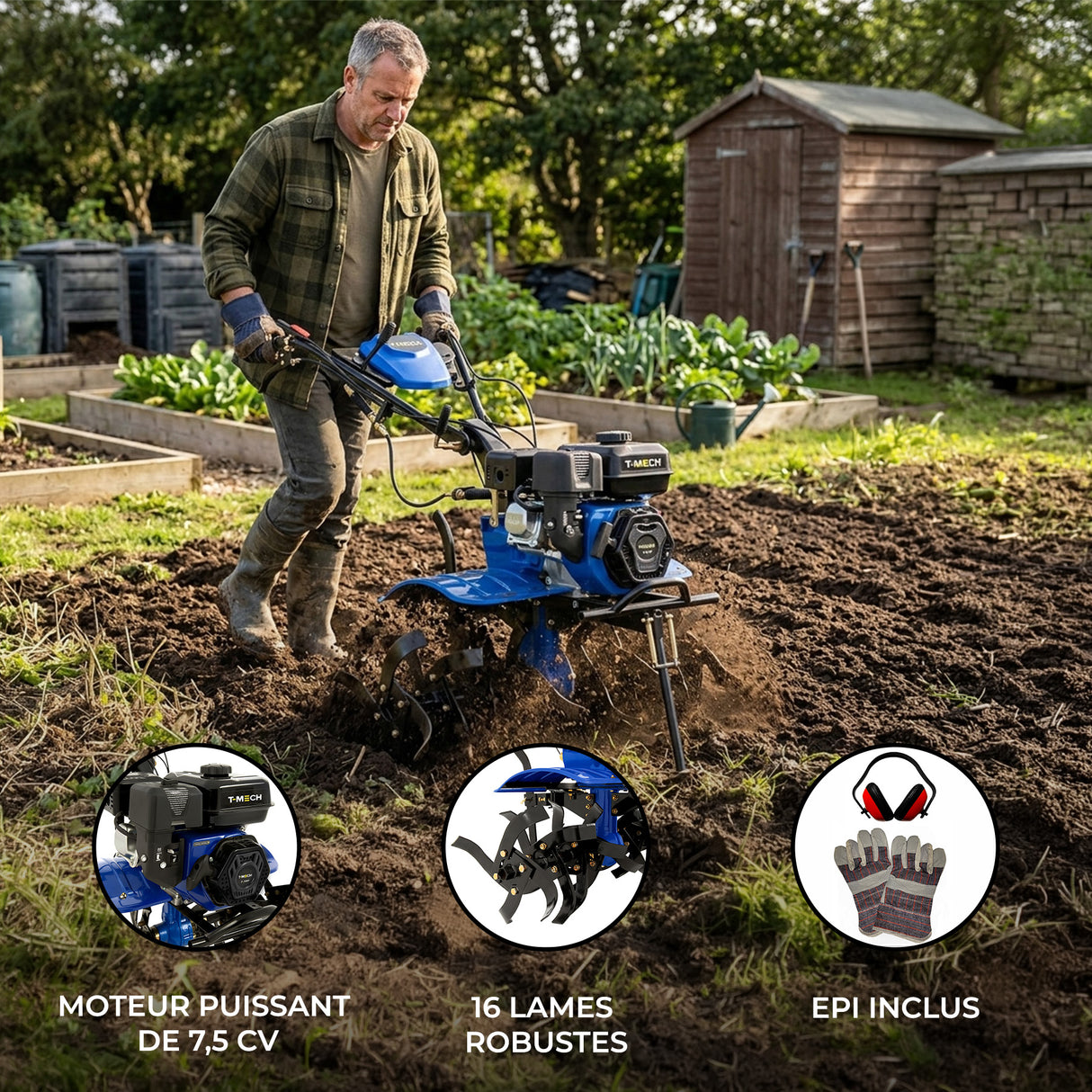 Motobineuse à essence 7,5 CV, avec moteur puissant, 16 lames robustes, et un homme en train de travailler dans un sol meuble et fertile