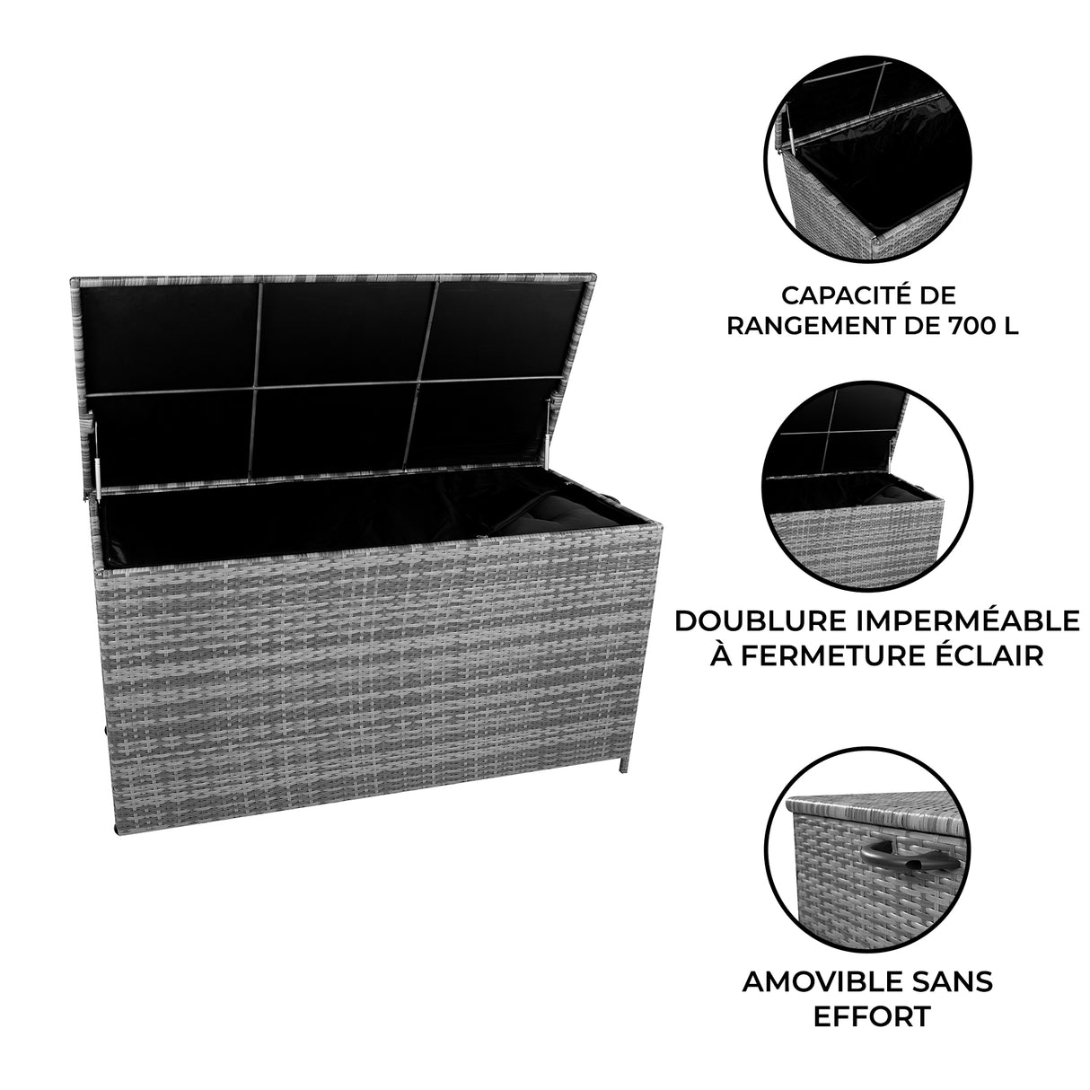 Coffre de Rangement d'Extérieur en Rotin Gris - 700 L