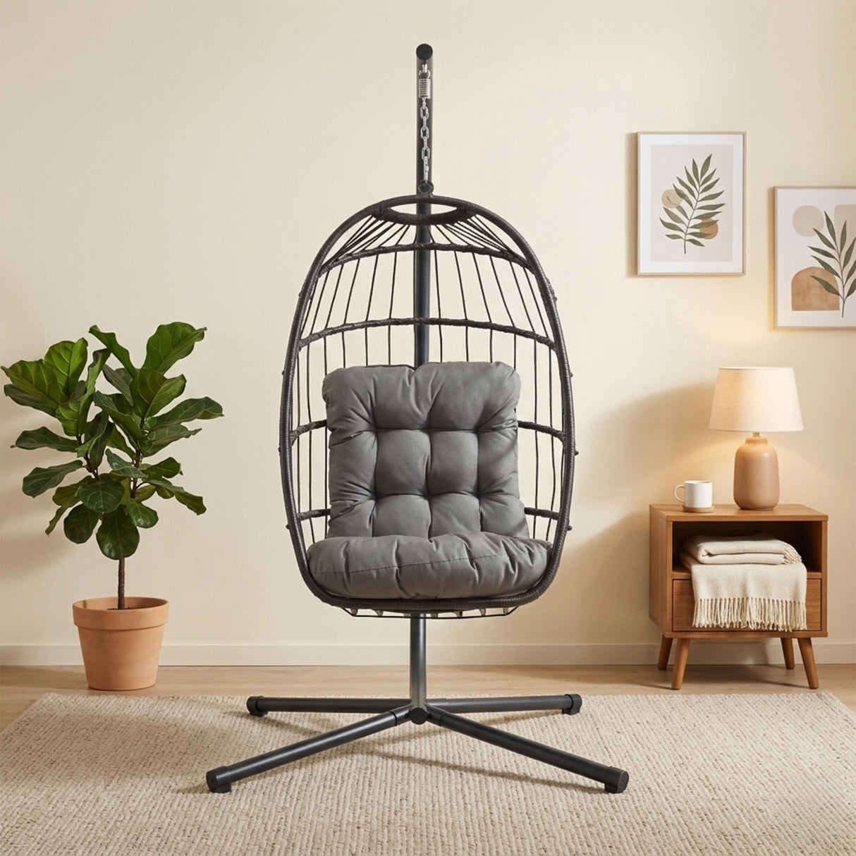 Fauteuil Œuf Suspendu en Rotin - Noir