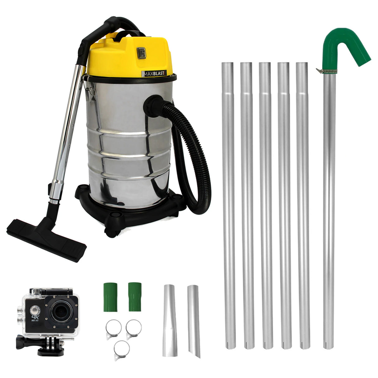 MAXBLAST Lot de Aspirateur Industriel 30 L, Perche Pour Gouttières & Caméra d'Inspection