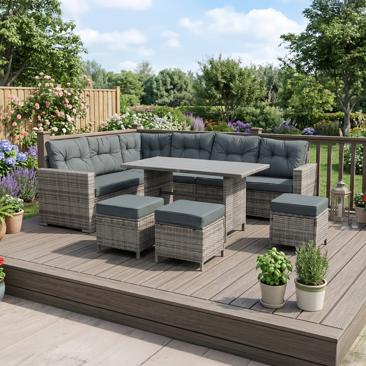 Salon de Jardin en Rotin & Table en Bois Composite - Gris
