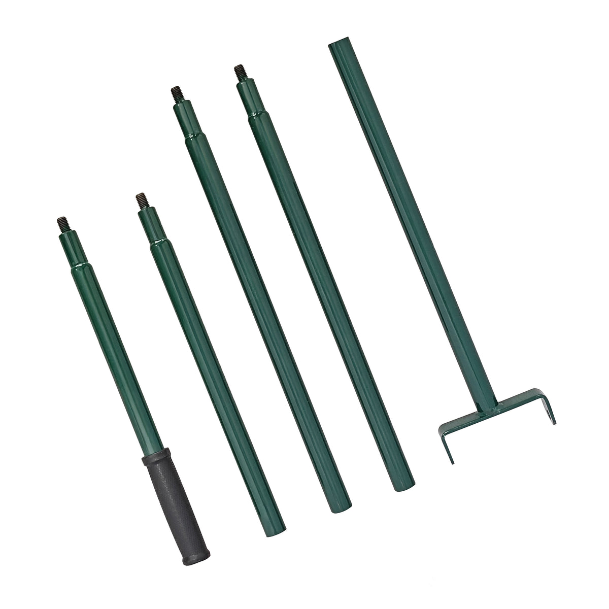Niveleur de pelouse vert avec manche extensible de 100 cm, composé de plusieurs sections en métal lisse et robuste, idéal pour le jardinage