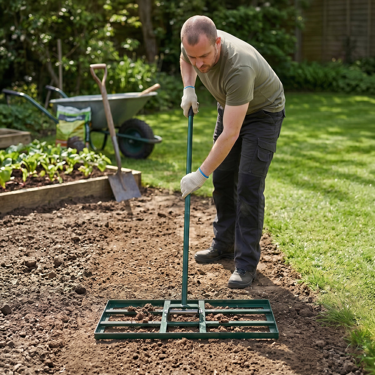 Niveleur de pelouse vert avec manche extensible, utilisé par un homme en jardinage sur un sol meuble, entouré de verdure