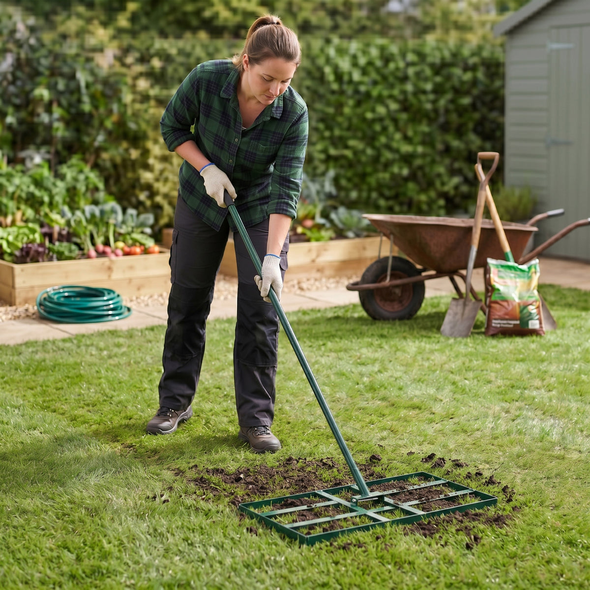 Niveleur de pelouse vert avec manche extensible, utilisé par une femme en jardin, sur une pelouse bien entretenue, entourée de plantes