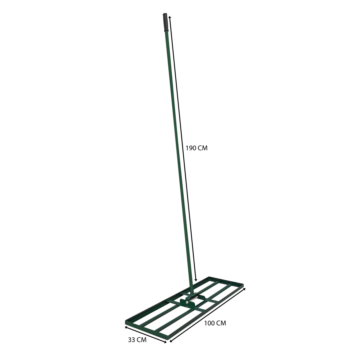 Niveleur de pelouse vert avec manche extensible de 100 cm, base rectangulaire de 33 cm, conçu pour un nivellement facile du sol