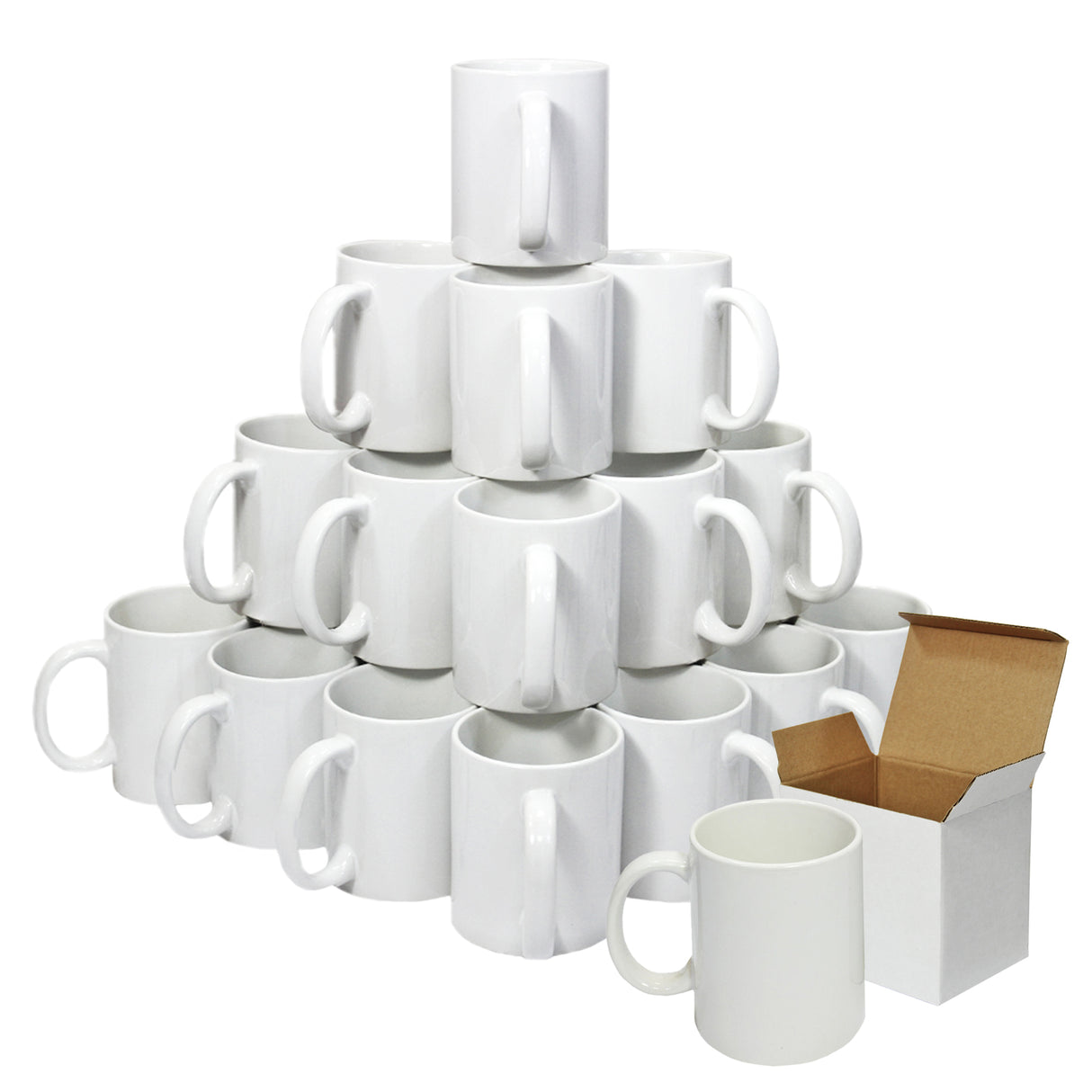 Tasses blanches en céramique empilées avec une boîte de présentation en carton, idéales pour la sublimation et la personnalisation