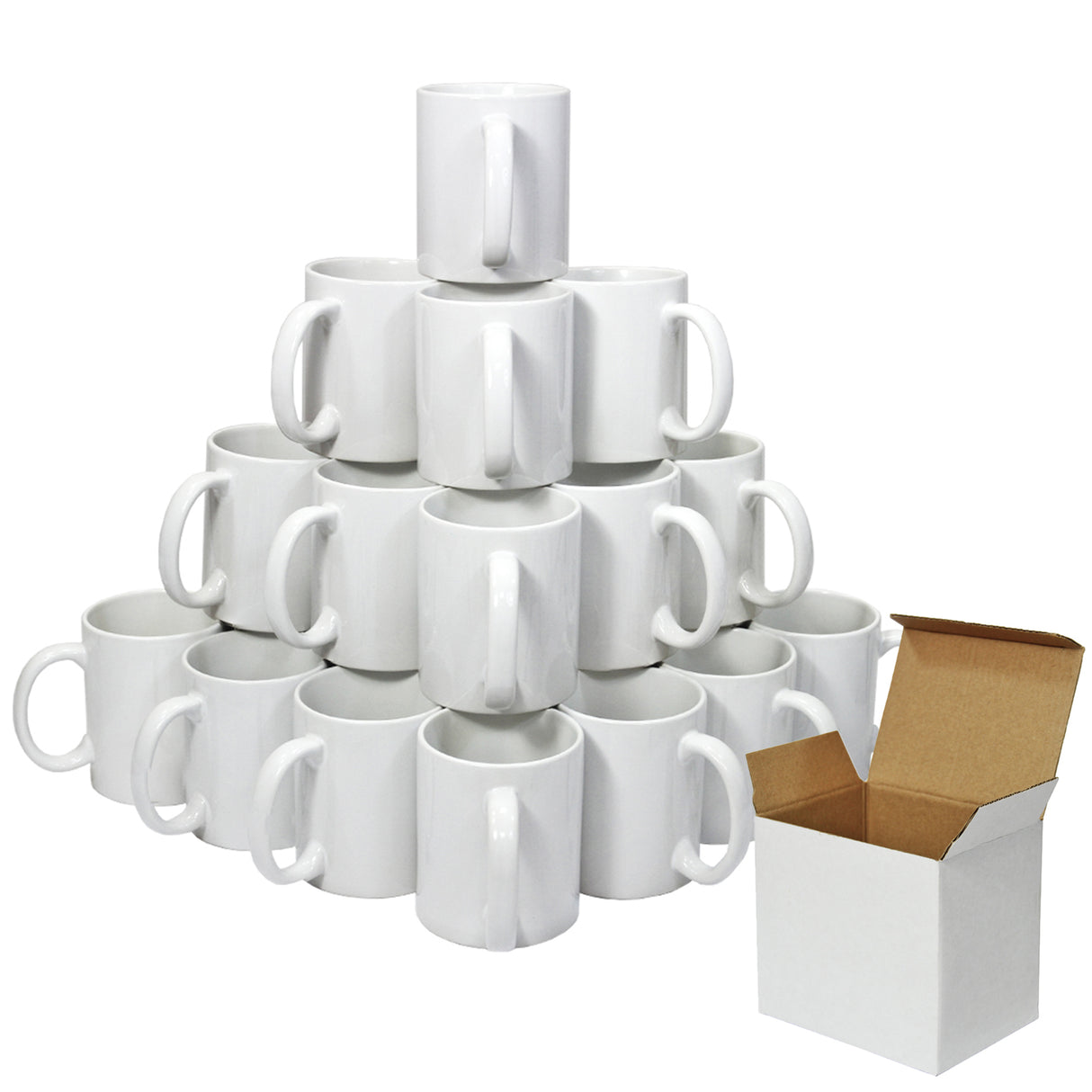 Tasses blanches en céramique empilées en pyramide, accompagnées d'une boîte de présentation en carton brun, idéale pour la sublimation