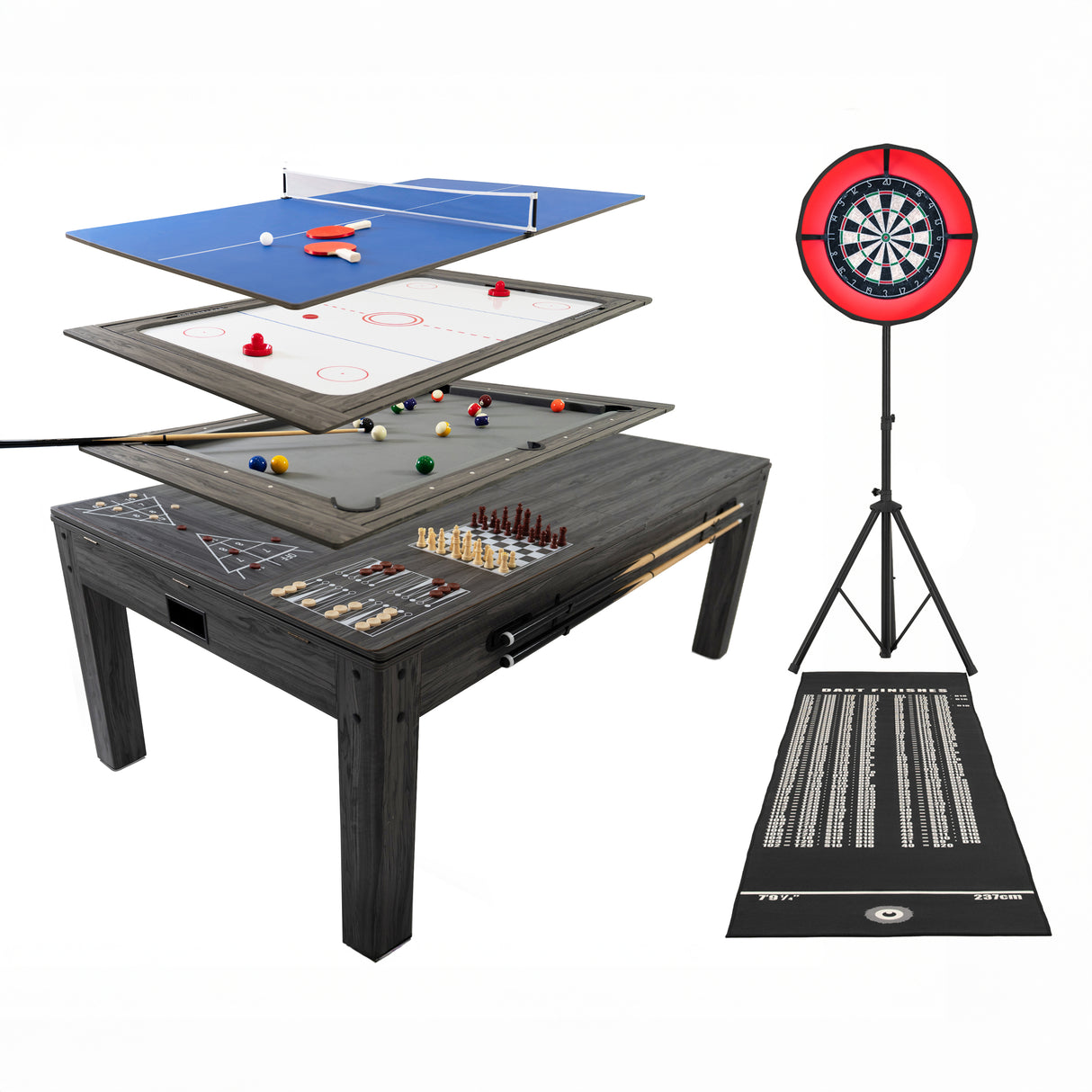 Table multi jeux 7 en 1 gris avec surfaces pour fléchettes, billard, ping-pong et anneau LED, offrant une texture lisse et moderne