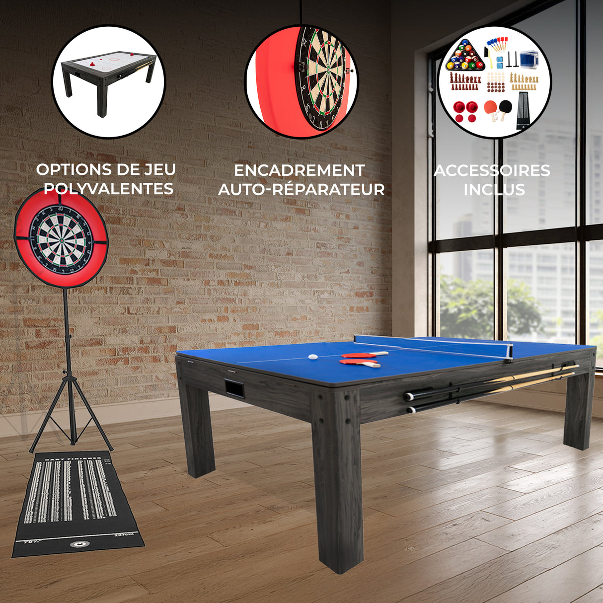 Table de jeux gris avec surface bleue, fléchettes LED, accessoires inclus, et cadre auto-réparateur, idéal pour plusieurs jeux