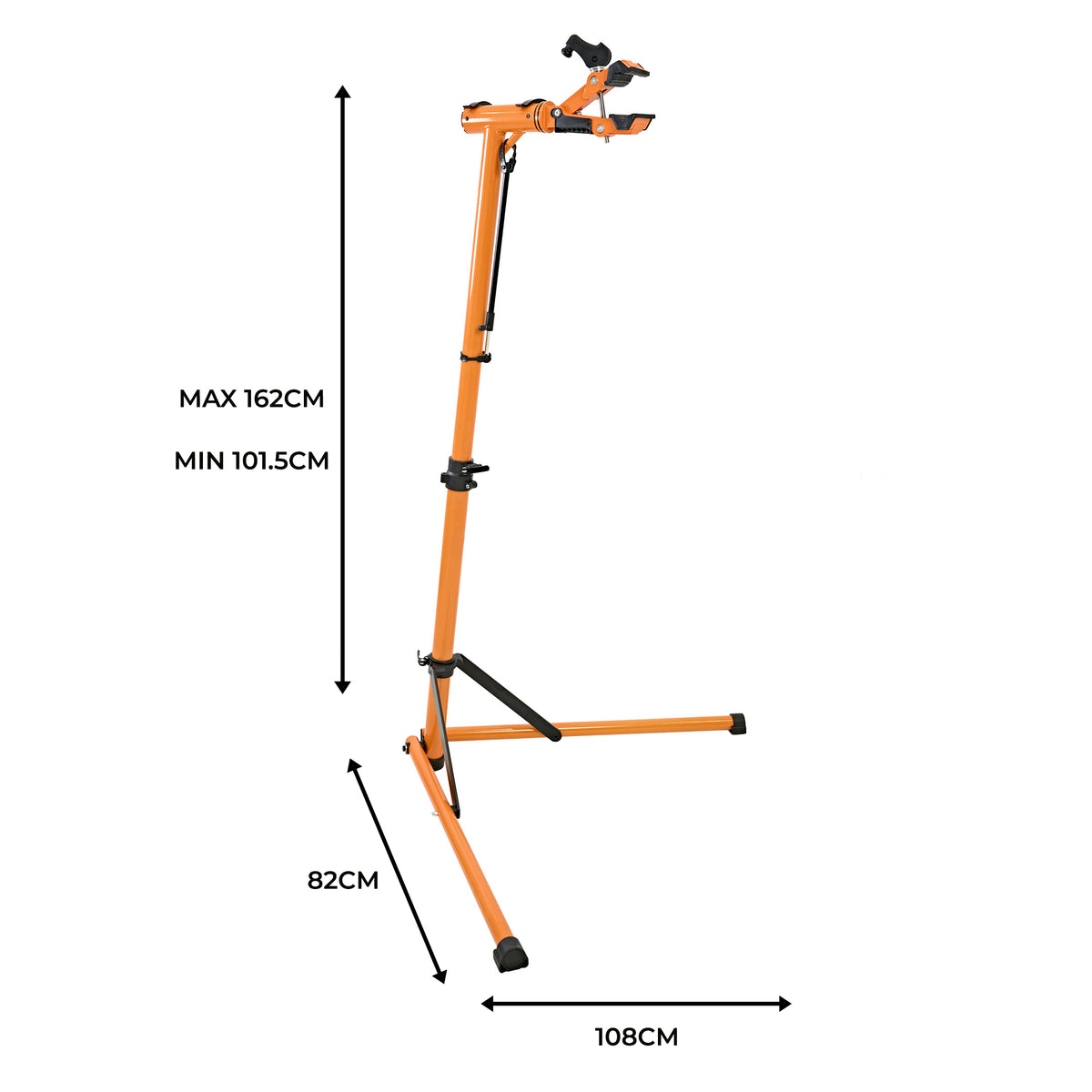 Pieds d'atelier mécanique orange pour vélo, réglables en hauteur, avec un support robuste et des dimensions maximales de 162 cm