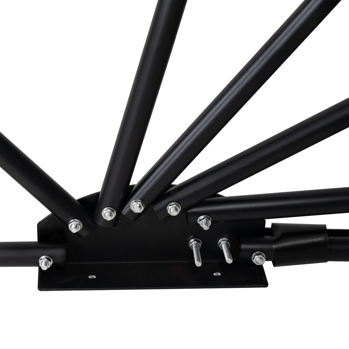 Base en métal noir avec des tiges en acier, offrant une structure robuste et moderne pour un support de mobilier ou d'équipement