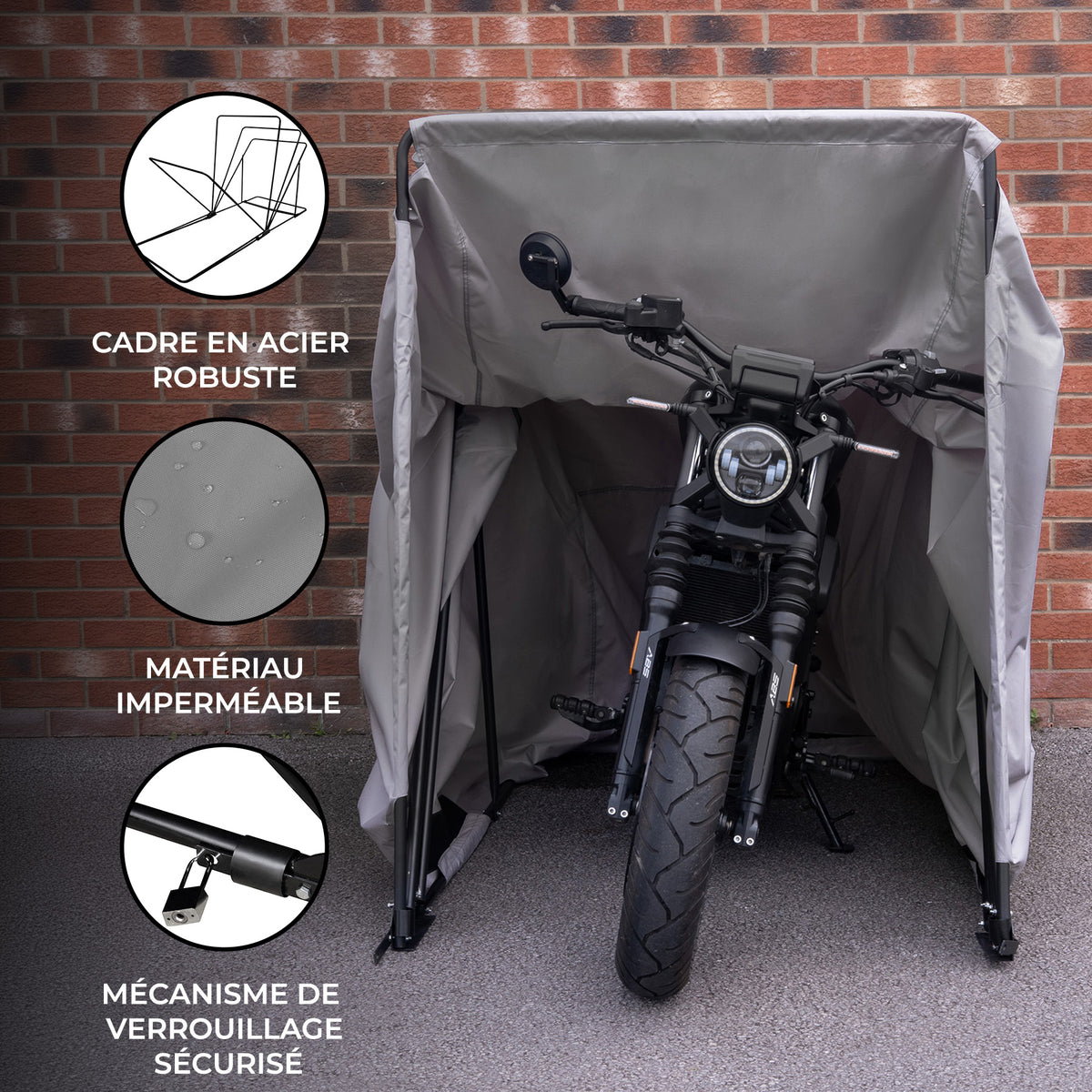 Abri moto en tissu imperméable gris, cadre en acier robuste, conçu pour protéger les motos des intempéries et du vol