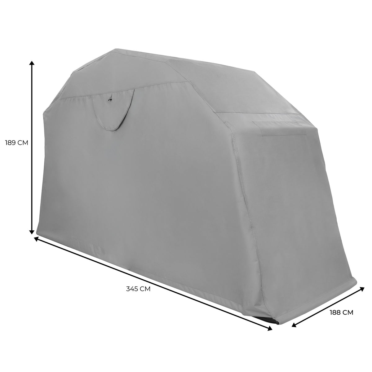 Housse de protection grise pour barbecue, dimensions 345 cm x 188 cm x 189 cm, en matériau résistant aux intempéries et durable