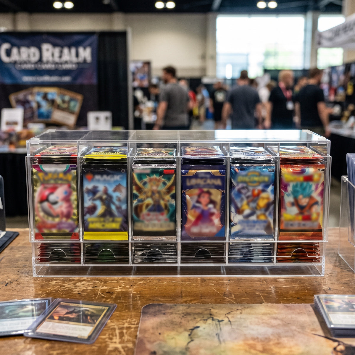 Boîte en acrylique transparente contenant des cartes de jeu colorées, exposée sur une table en bois au milieu d'un événement animé