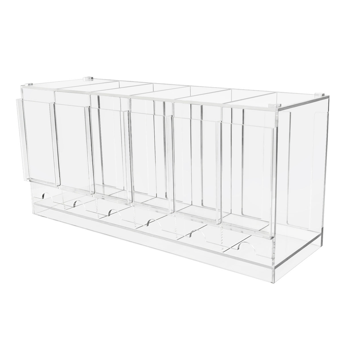 Organisateur de rangement transparent en acrylique avec plusieurs compartiments, idéal pour le stockage d'articles divers et de bureau