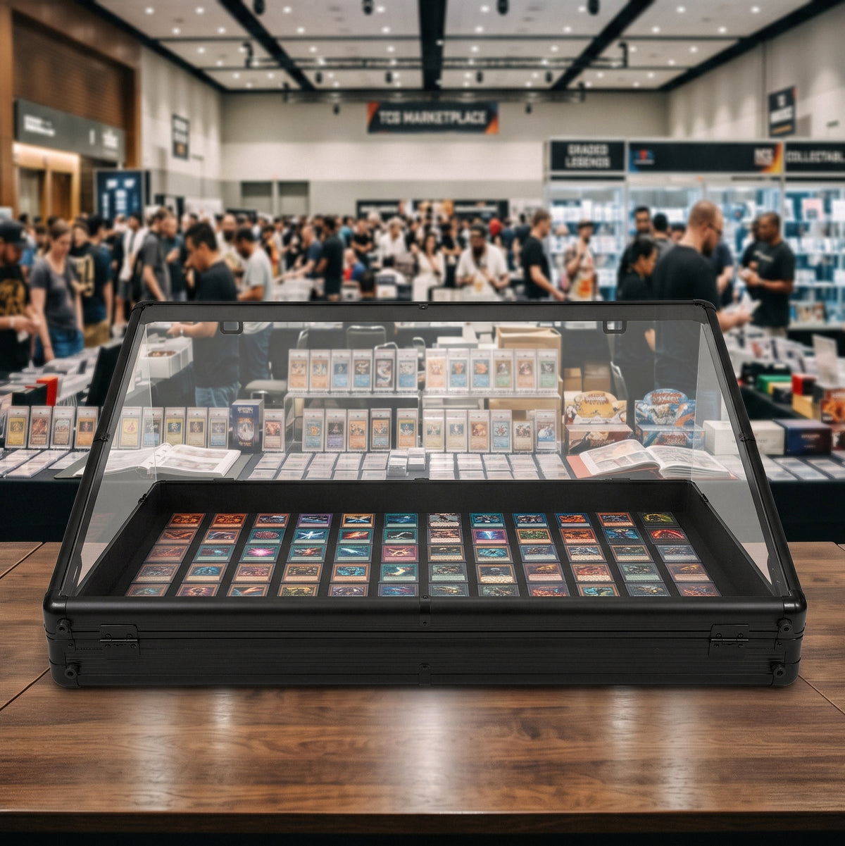 Vitrine en verre noire présentant des cartes de collection colorées, avec un fond animé de visiteurs dans un marché animé