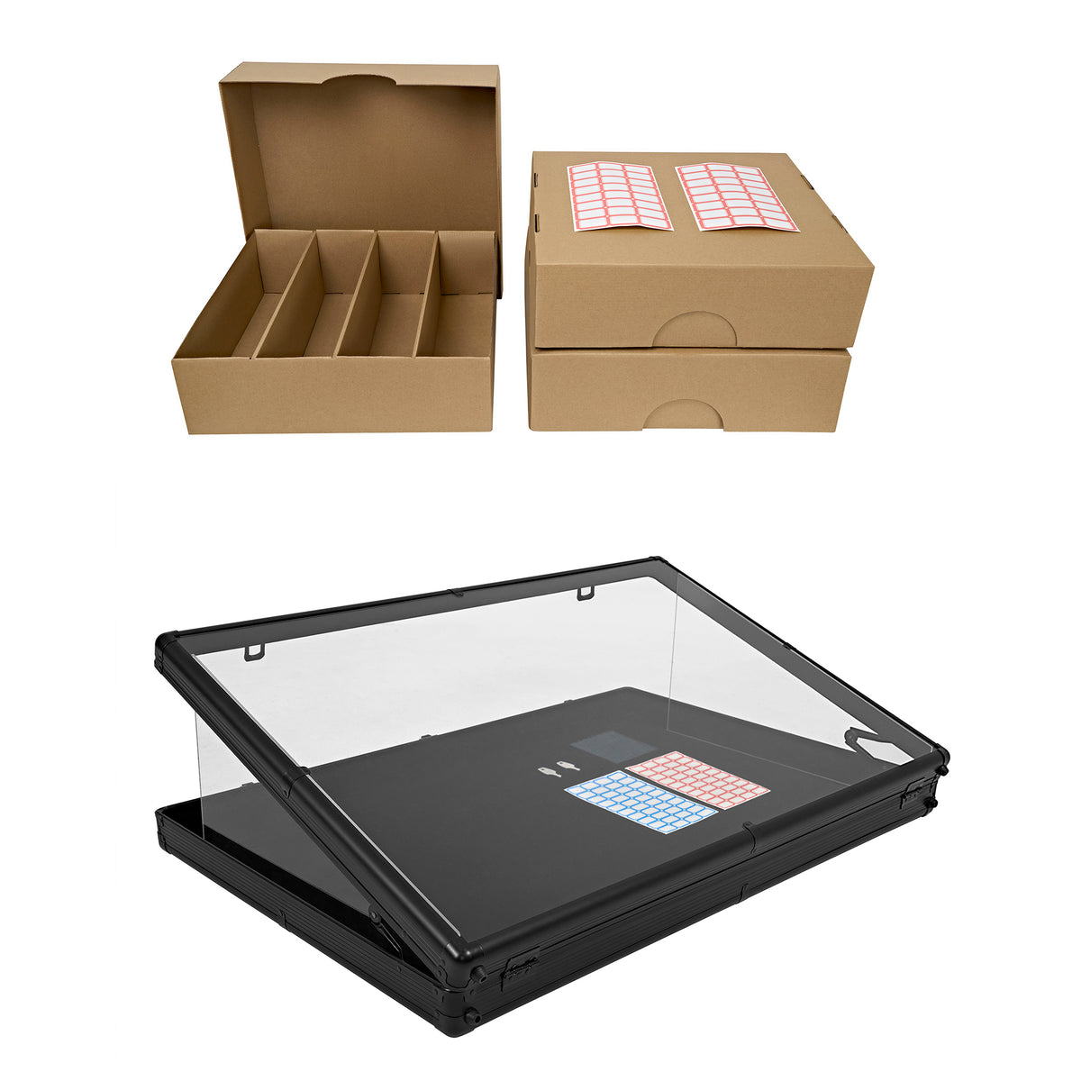 Boîtes en carton marron avec séparateurs internes et un présentoir en acrylique noir, idéal pour l'organisation et la présentation des produits