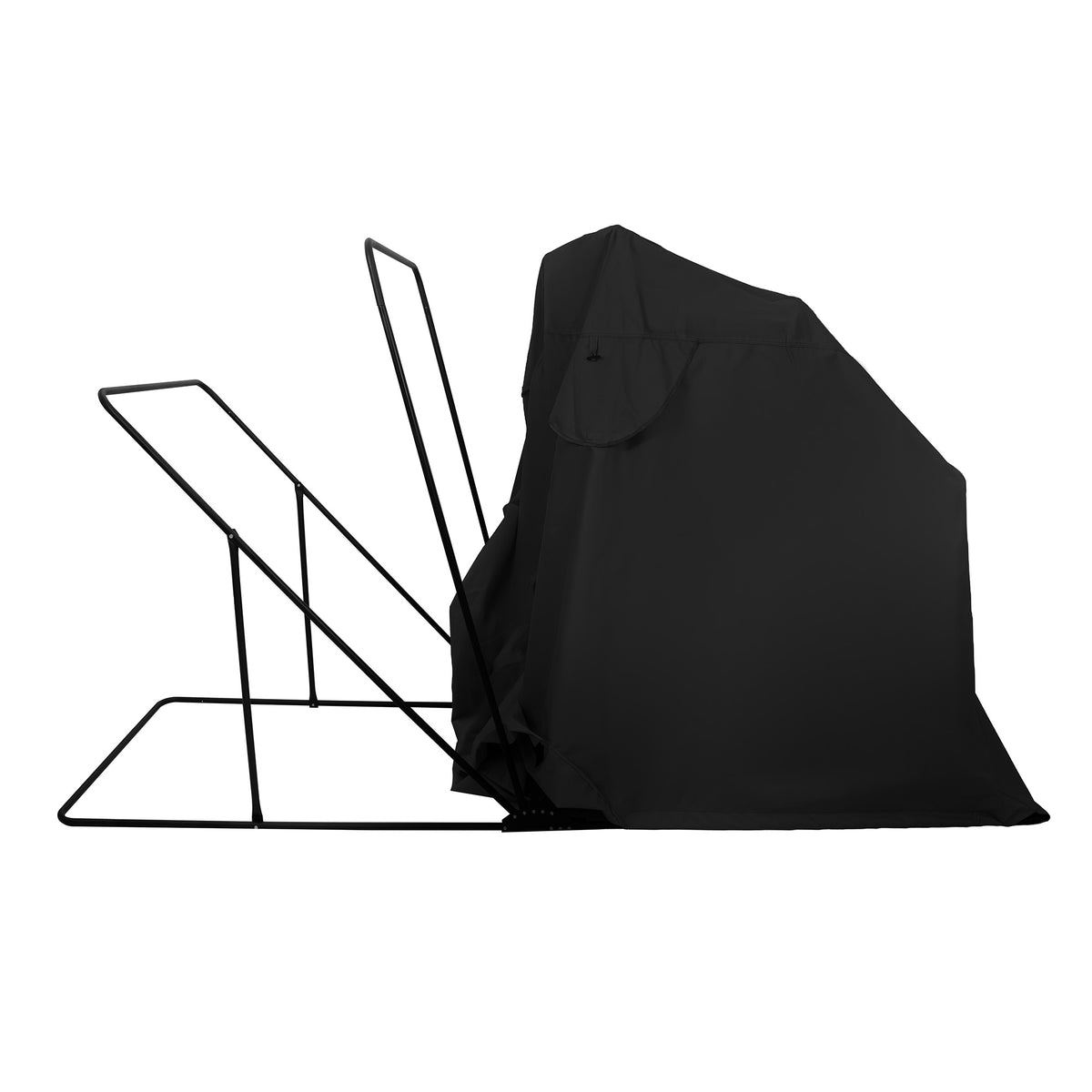 Tente de camping noire avec structure en métal, offrant une protection contre les intempéries et un design compact pour le transport