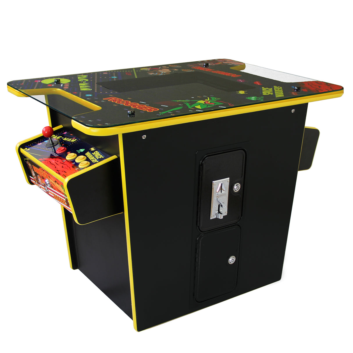 Table cocktail en forme de borne d'arcade, finition noire avec des accents jaunes, surface graphique colorée et joystick rouge